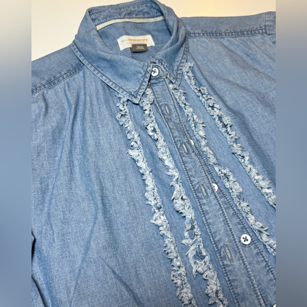 Pilcro by Anthropologie Juni Ruffled Denim Button Down Petite Small 3/4 Sleeve - Picture 5 of 13
